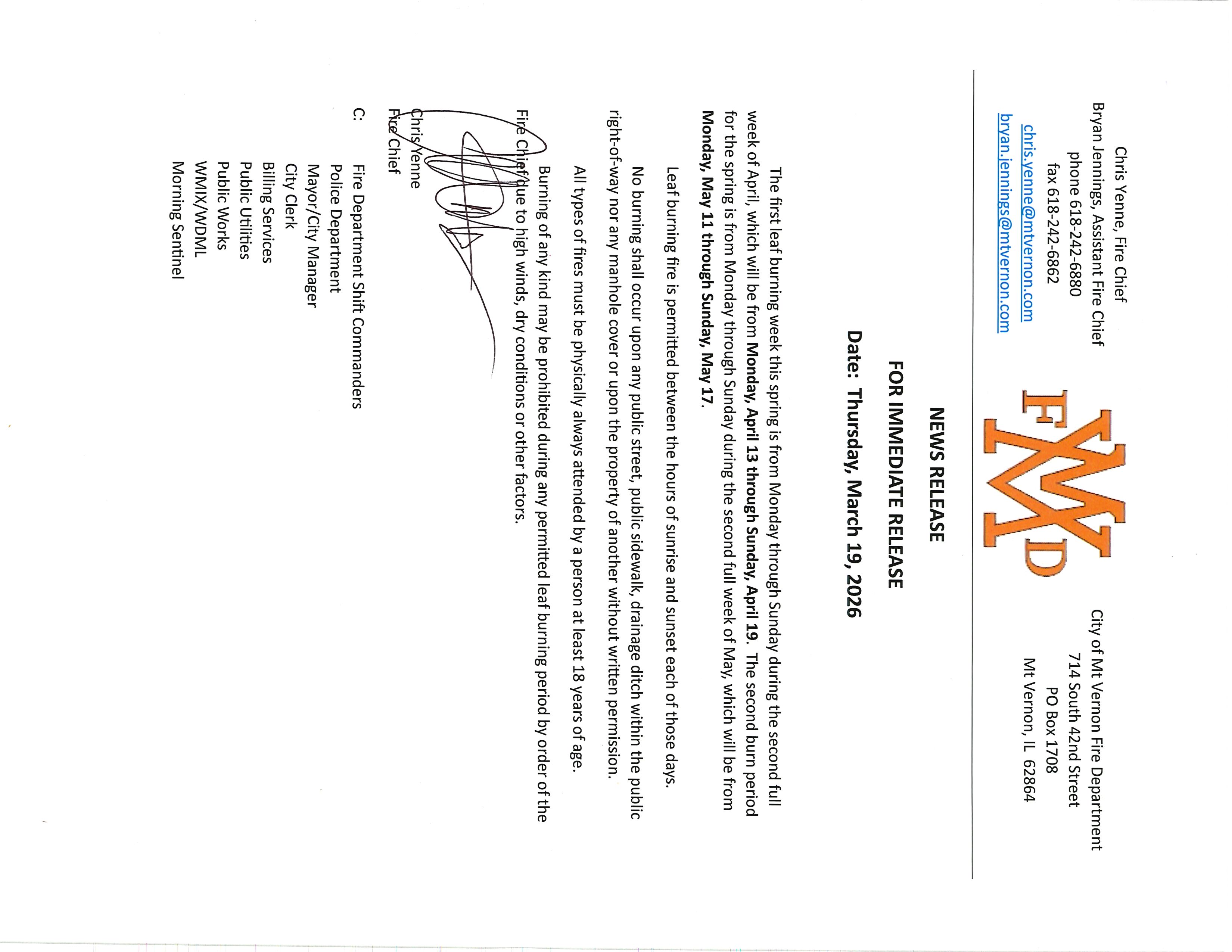 Flyer: Spring Leaf Burning Dates and Guidelines