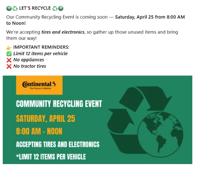 Flyer with recycling event details and green recycling emblem